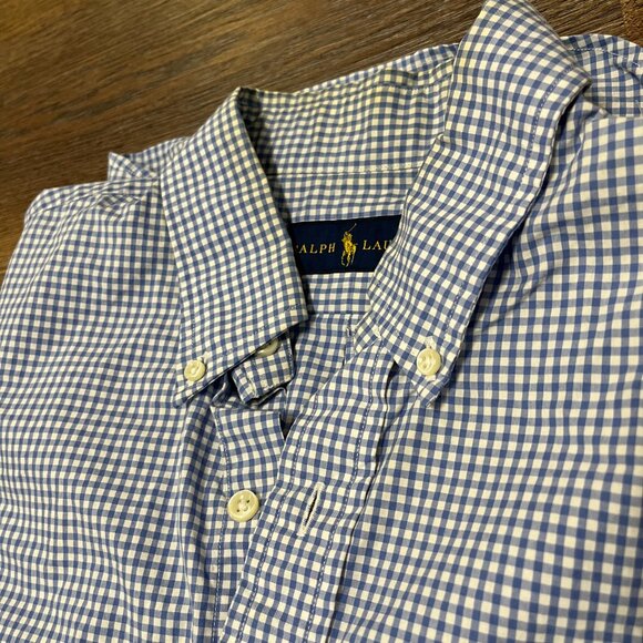 M - Polo Ralph Lauren Pink Logo Blue Gingham Men's Long Sleeve Shirt - Details - Picture 4 of 6